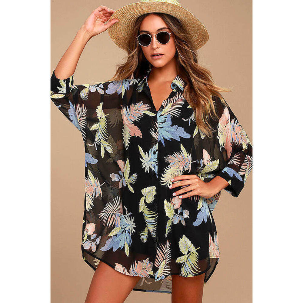 Lulus In The Tropics Sheer Black Tropical Print Shirt Dress - Size Large